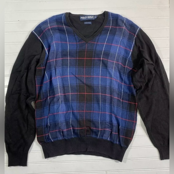 Polo Golf Ralph Lauren V Neck Sweater Size Large 100% Cotton Black Blue Preppy - Picture 9 of 14
